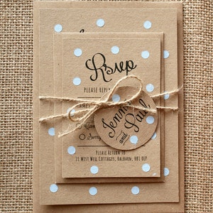 Pastel Blue Polka Dot Wedding Invite Set Rustic Kraft image 1