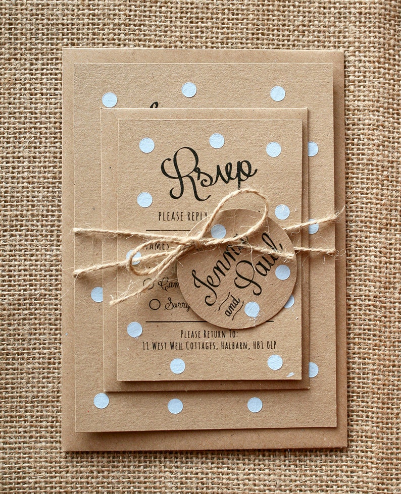 Pastel Blue Polka Dot Wedding Invite Set Rustic Kraft image 1