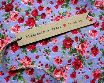 10 Personalised Wedding Tags - Kraft, Flag Shaped, Heart, Names and Wedding Date, Favour Tags
