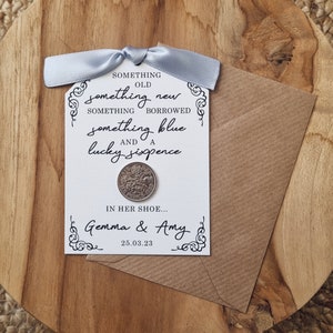 Something Old, Something New, Something Borrowed, Something Blue and a Lucky Sixpence in her Shoe Personalised Lucky Sixpence Wedding Card zdjęcie 3