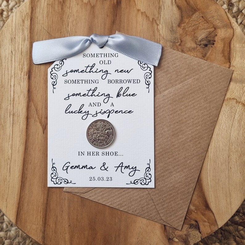 Something Old, Something New, Something Borrowed, Something Blue and a Lucky Sixpence in her Shoe Personalised Lucky Sixpence Wedding Card zdjęcie 3