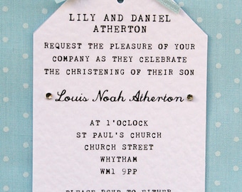 Boy Christening, Naming Ceremony Invitation - Elegant, Simple, Tag Style, Ribbon Bow