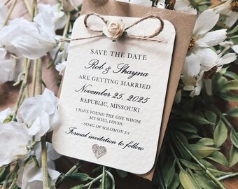 Rustic, Vintage, Elegant, Ivory Rose & Champagne Gold Glitter Heart Save the Date - Twine Bow Detailing