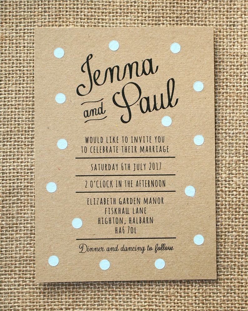 Pastel Blue Polka Dot Wedding Invite Set Rustic Kraft image 3