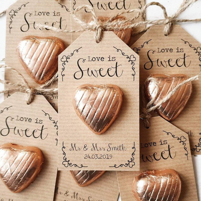 Affordable Edible Wedding Favors - Love is Sweet Heart Shaped Chocolate Wedding Favors with personalaized tag.