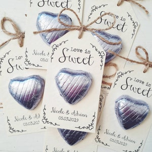 Love is Sweet Chocolate Heart Wedding Favour, Sweet Love, Personalised, Elegant, Rustic, with Twine Bow Detailing image 2