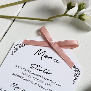 Élégant, vintage, Rose Pink Ribbon et Heart Wedding Menu image 2