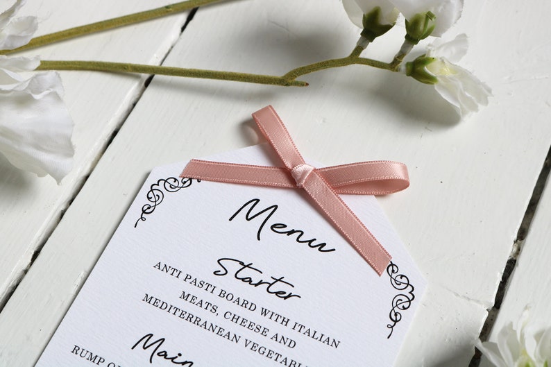 Élégant, vintage, Rose Pink Ribbon et Heart Wedding Menu image 2