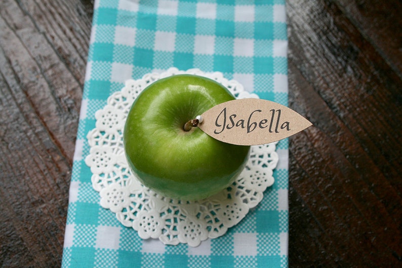 Beautifully simple, elegant, rustic, modern, kraft, apple leaf place setting cards image 2