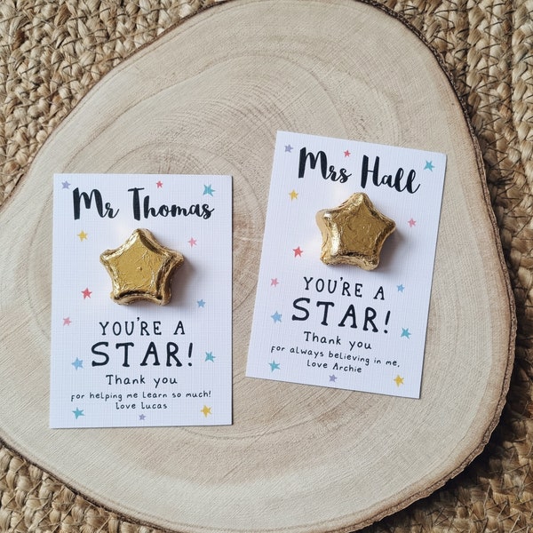 You're A Star Chocolate Star Teacher Gift Card - Personalised Thank You Teacher, Star Teacher, Appreciation, End of Year Gift, School