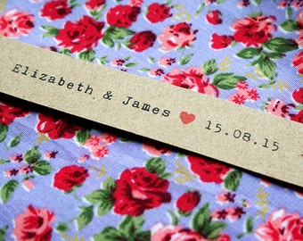 10 Personalised Wedding Tags - Kraft, Flag Shaped, Heart, Names and Wedding Date, Favour Tags