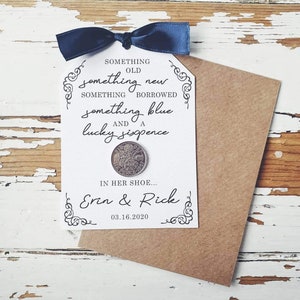 Something Old, Something New, Something Borrowed, Something Blue and a Lucky Sixpence in her Shoe Personalised Lucky Sixpence Wedding Card zdjęcie 7