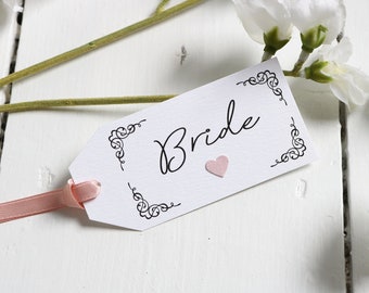 Elegant, Vintage, Rose Pink Ribbon and Heart Place Card