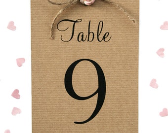 Rustic Rose and Twine Wedding Table Number Card