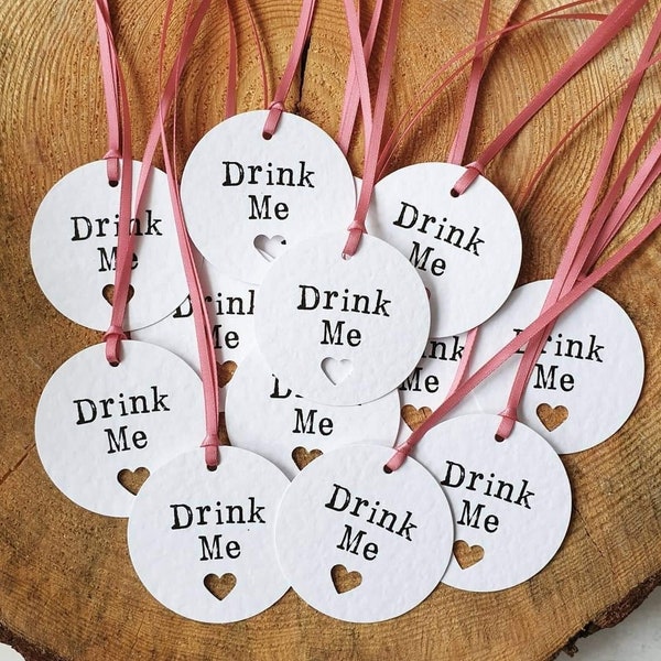 Drink Me, Eat Me Favour Tags finished with Ribbon Detailing, Wedding Favours, Shot Tags