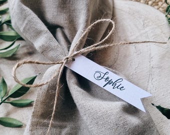 White Linen, Simple Flag Shaped Place Card Tag Strung with Twine - Wedding Place Card, Favour Tag, Wedding Decor