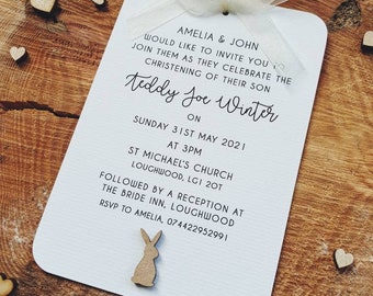 Natural Christening Invitation - Wooden Bunny Rabbit, Ribbon, Baptism, Naming Ceremony, Woodland, Neutral, Birthday, Baby Shower