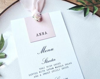Wedding Menu Card - Elegant, Rose, Chiffon Ribbon, Simple, Personalised Wedding Dinner Menu, Place Setting, Place Card