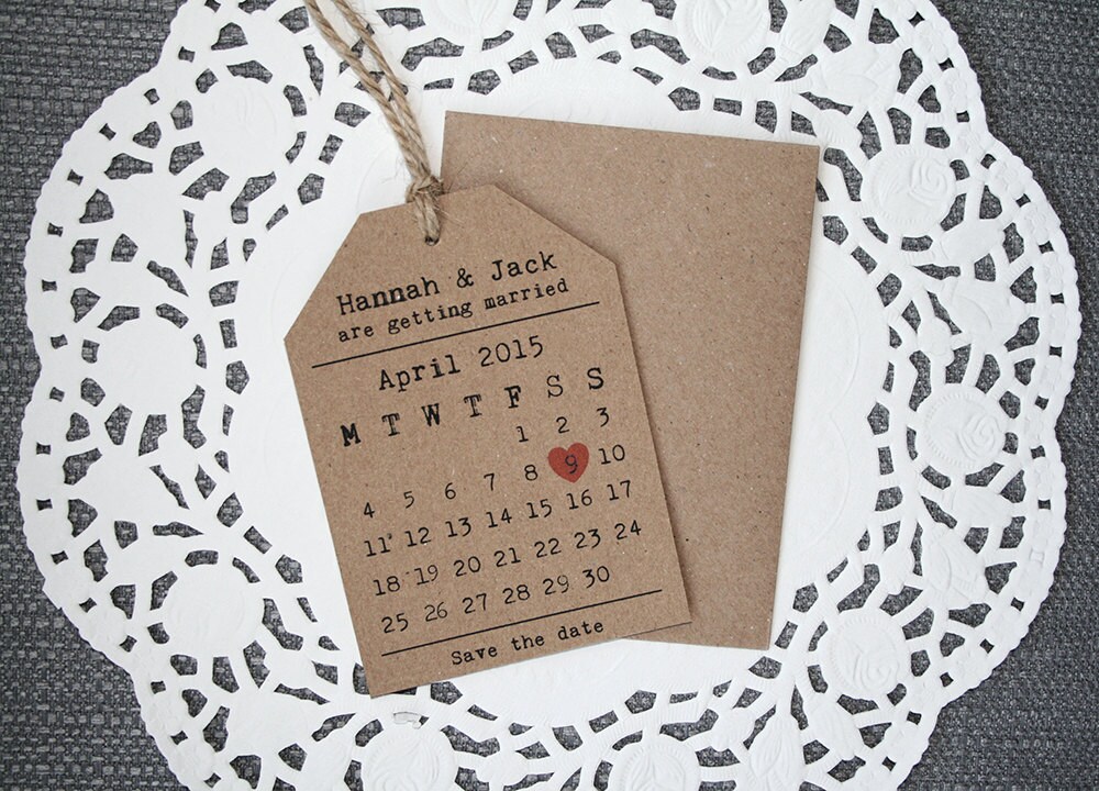 Rustic Wedding Save the Date - Calendar Style, Heart, Tag Save the