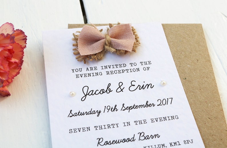 Rustic Fabric Bow and Burlap, Hessian and Pearl Small Evening Guest Invitaiton image 2