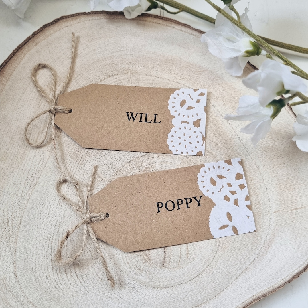 Rustic Doily Detailed Wedding Place Card Tag With Twine Bow, Pearl