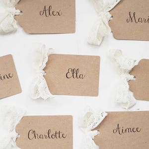 Ivory Lace Bow Kraft Place Card Tags, Elegant, Shabby Chic, Vintage Wedding image 1