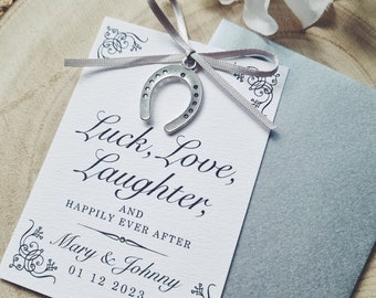 Silver Horseshoe Wedding Gift Card, Personalised Wedding Gift, Silver Ribbon, Good Luck, Lucky Horseshoe
