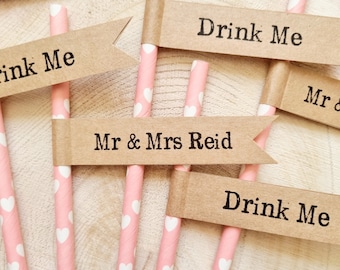 Personalized Mr & Mrs Paper Straws with Kraft Flags - Set of 15