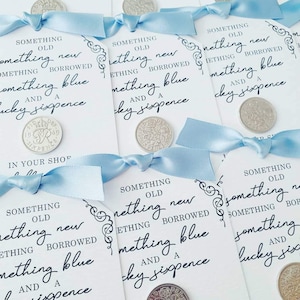 Something Old, Something New, Something Borrowed, Something Blue and a Lucky Sixpence in her Shoe Personalised Lucky Sixpence Wedding Card zdjęcie 8
