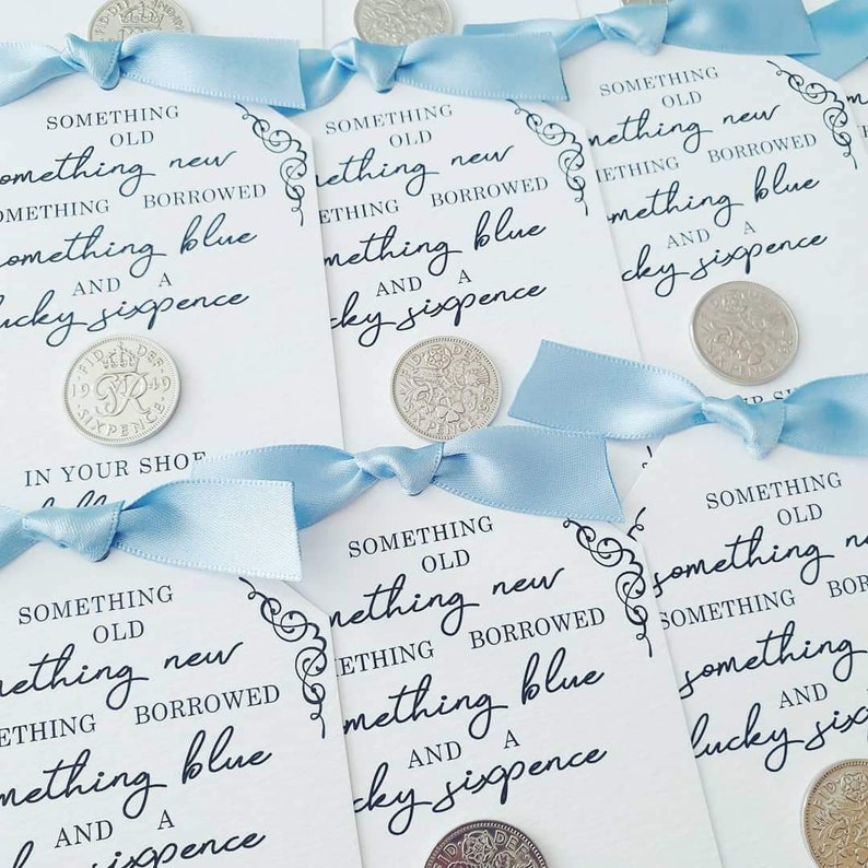 Something Old, Something New, Something Borrowed, Something Blue and a Lucky Sixpence in her Shoe Personalised Lucky Sixpence Wedding Card image 8