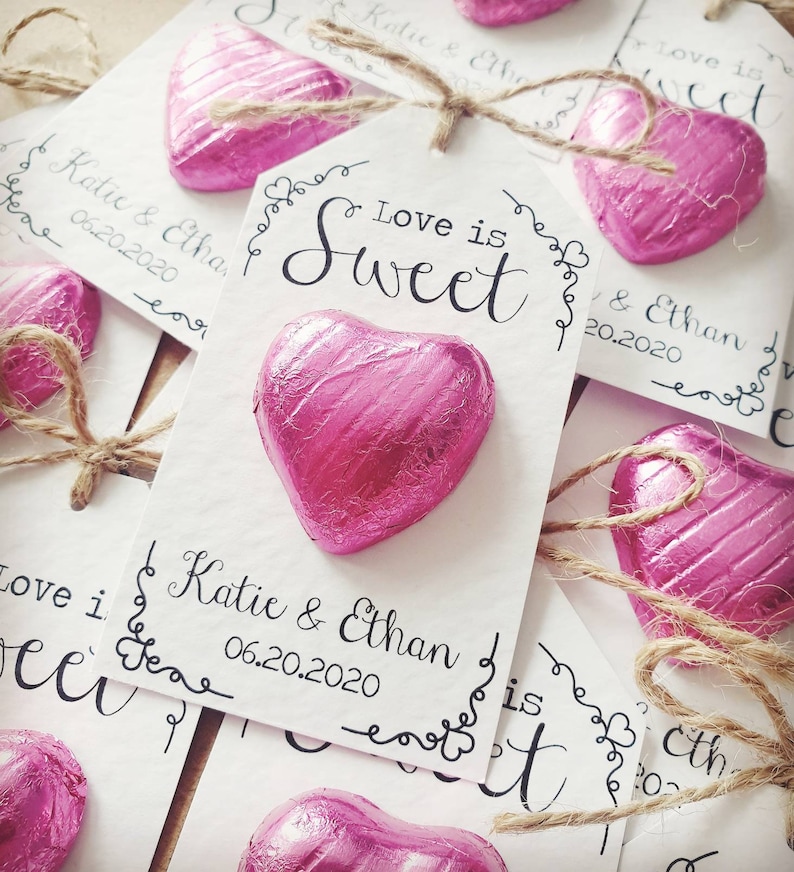 Love is Sweet Chocolate Heart Wedding Favour, Sweet Love, Personalised, Elegant, Rustic, with Twine Bow Detailing image 3