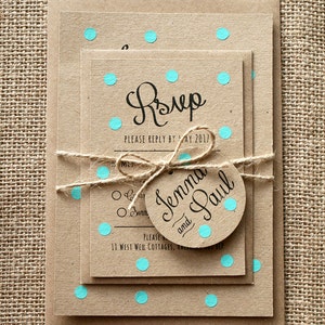 Pastel Turquoise, Mint, Polka Dot Wedding Invite Set Rustic Kraft image 3