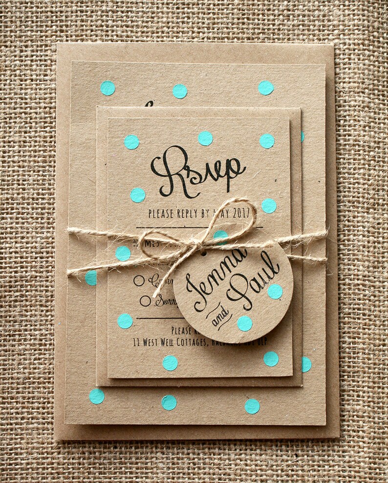 Pastel Turquoise, Mint, Polka Dot Wedding Invite Set Rustic Kraft image 3