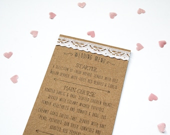 Rustic Kraft, Lace and Pearl Wedding Menu - Recycled kraft finished with Lace and Pearl Detailing