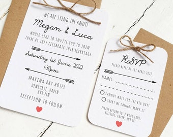 Tying the Knot Wedding Invitation Set - Pretty, Simple, Heart Detailing, Twine Bow