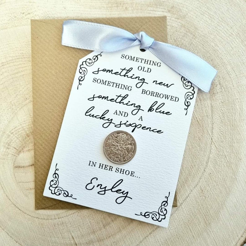 Something Old, Something New, Something Borrowed, Something Blue and a Lucky Sixpence in her Shoe Personalised Lucky Sixpence Wedding Card image 9