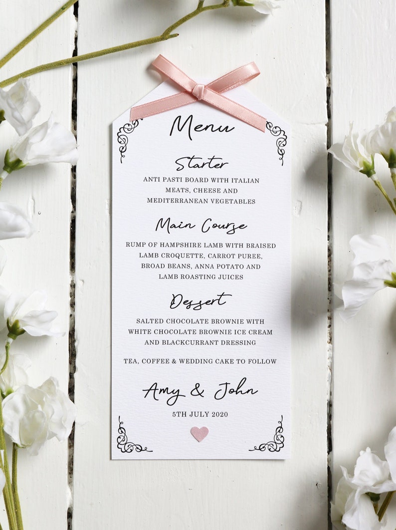 Élégant, vintage, Rose Pink Ribbon et Heart Wedding Menu image 1