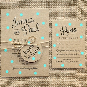 Pastel Turquoise, Mint, Polka Dot Wedding Invite Set Rustic Kraft image 2