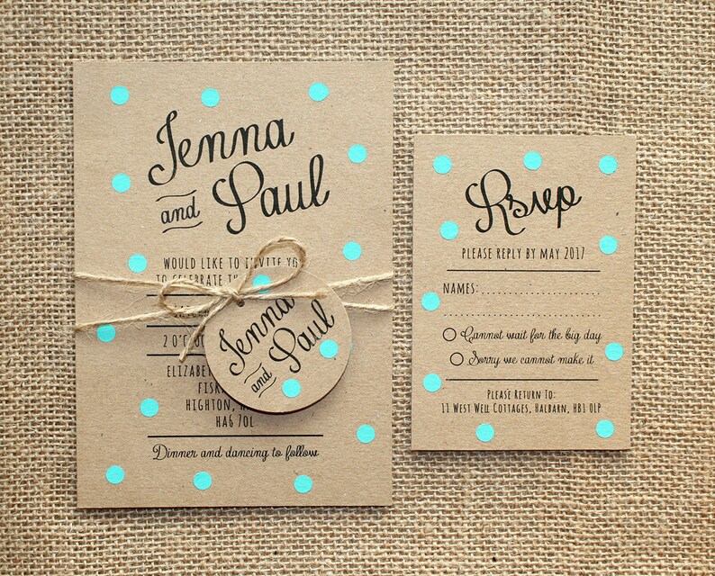 Pastel Turquoise, Mint, Polka Dot Wedding Invite Set Rustic Kraft image 2