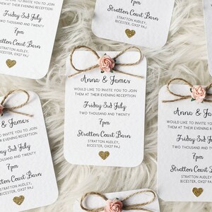 Rustic Rose and Gold Heart Small Evening Invitation Twine Bow Detailing image 2