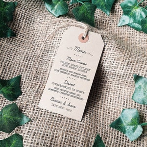 Rustico e vintage Medio Luggage Tag Menu di nozze - Kraft, Manilla Menu Tags
