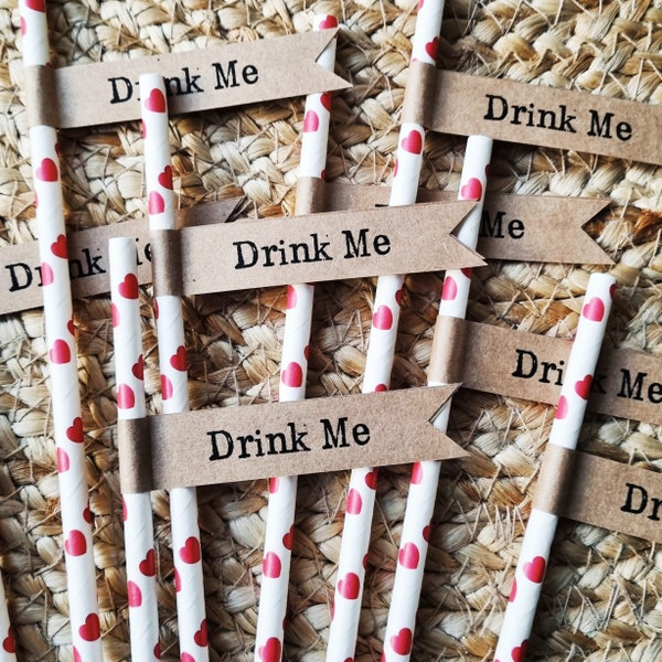 16 Paper Straws with Kraft 'Drink Me' Flags - Wedding, Engagement, Birthday Party, Hen Party, Christening