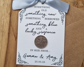 Something Old, Something New, Something Borrowed, Something Blue and a Lucky Sixpence in her Shoe - Personalised Lucky Sixpence Wedding Card