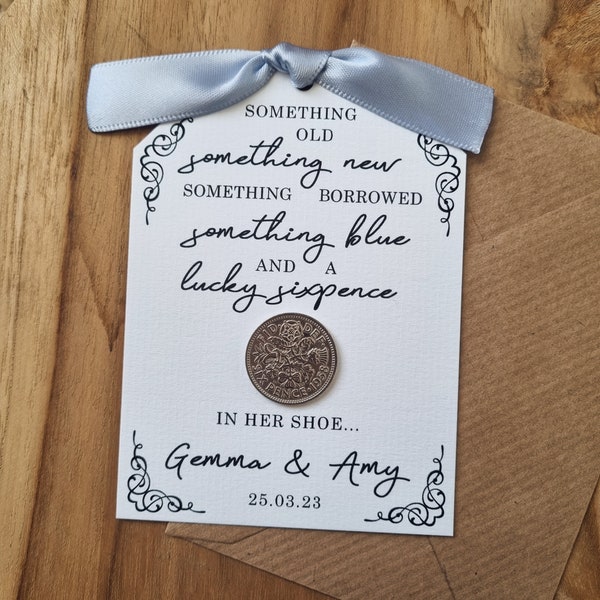 etwas Altes, etwas Neues, etwas Geborgtes, etwas Blaues und ein Lucky Sixpence in ihrem Schuh - personalisierte Lucky Sixpence Hochzeitskarte