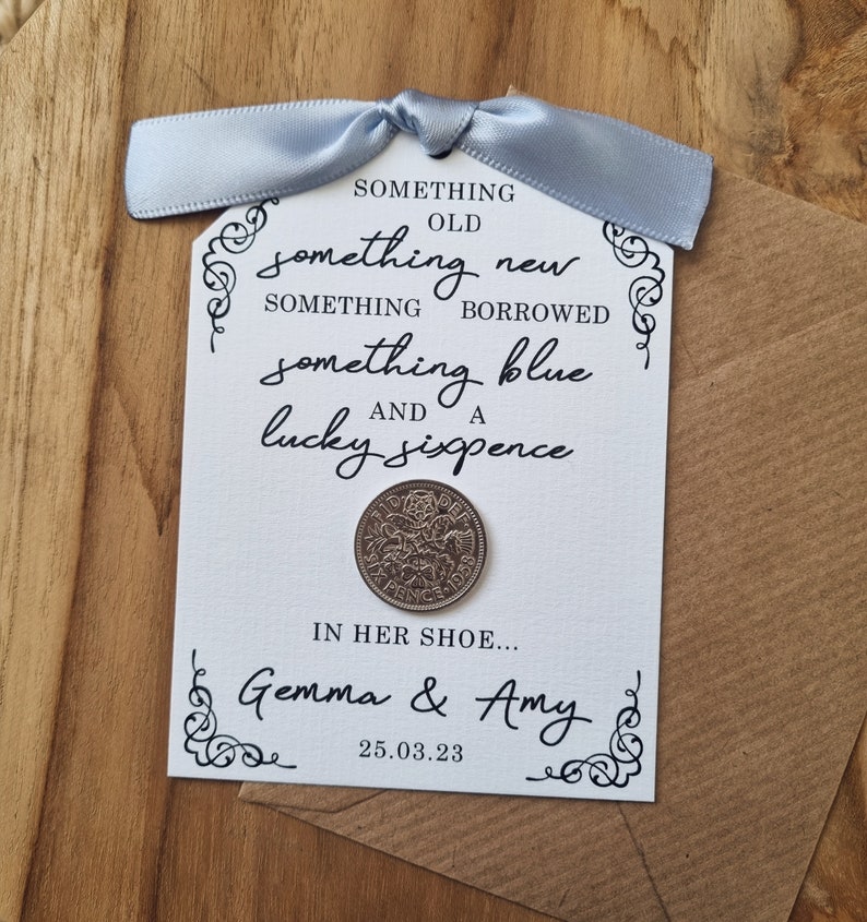 Something Old, Something New, Something Borrowed, Something Blue and a Lucky Sixpence in her Shoe Personalised Lucky Sixpence Wedding Card image 1