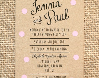 Pastel Pink Polka Dot Evening Wedding Invitation - Rustic Kraft