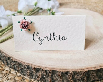 Rustic, Rose Wedding Place Card - Vintage Paper Rose, Pretty Place Card, Ivory, White, Kraft, Tent Folded Place Card