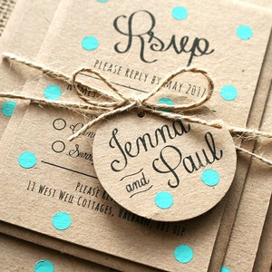 Pastel Turquoise, Mint, Polka Dot Wedding Invite Set Rustic Kraft image 1