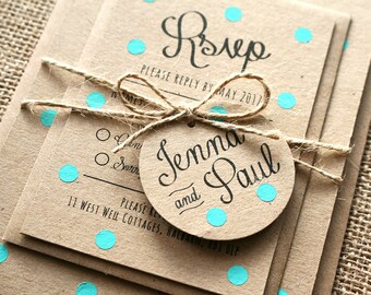 Pastel Turquoise, Mint, Polka Dot Wedding Invite Set - Rustic Kraft