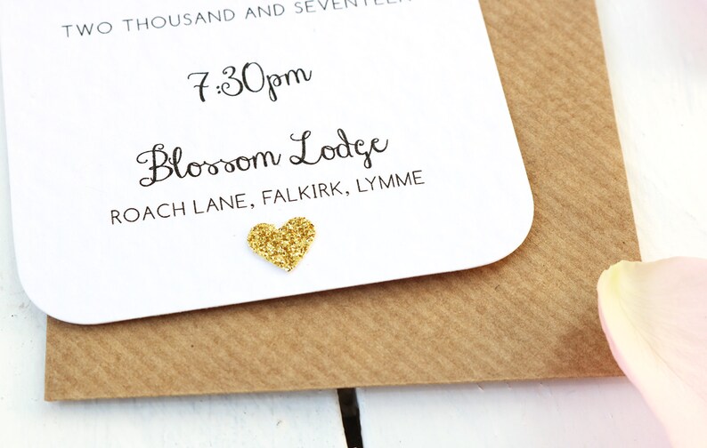 Rustic Rose and Gold Heart Small Evening Invitation Twine Bow Detailing image 5